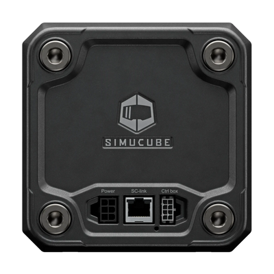 Zadná strana Simucube 3 Ultimate direct drive základne volantu zobrazujúca pripojovacie porty a branding.