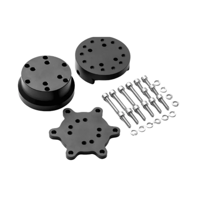 Components of Simucube 2 Quick Release™ - wheel side kit with bolts and adapters for steering wheel attachment.