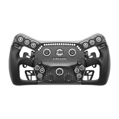 Simucube Savu Pro GT wheel with metal frame, RGB buttons, encoders, and telemetry LED strip