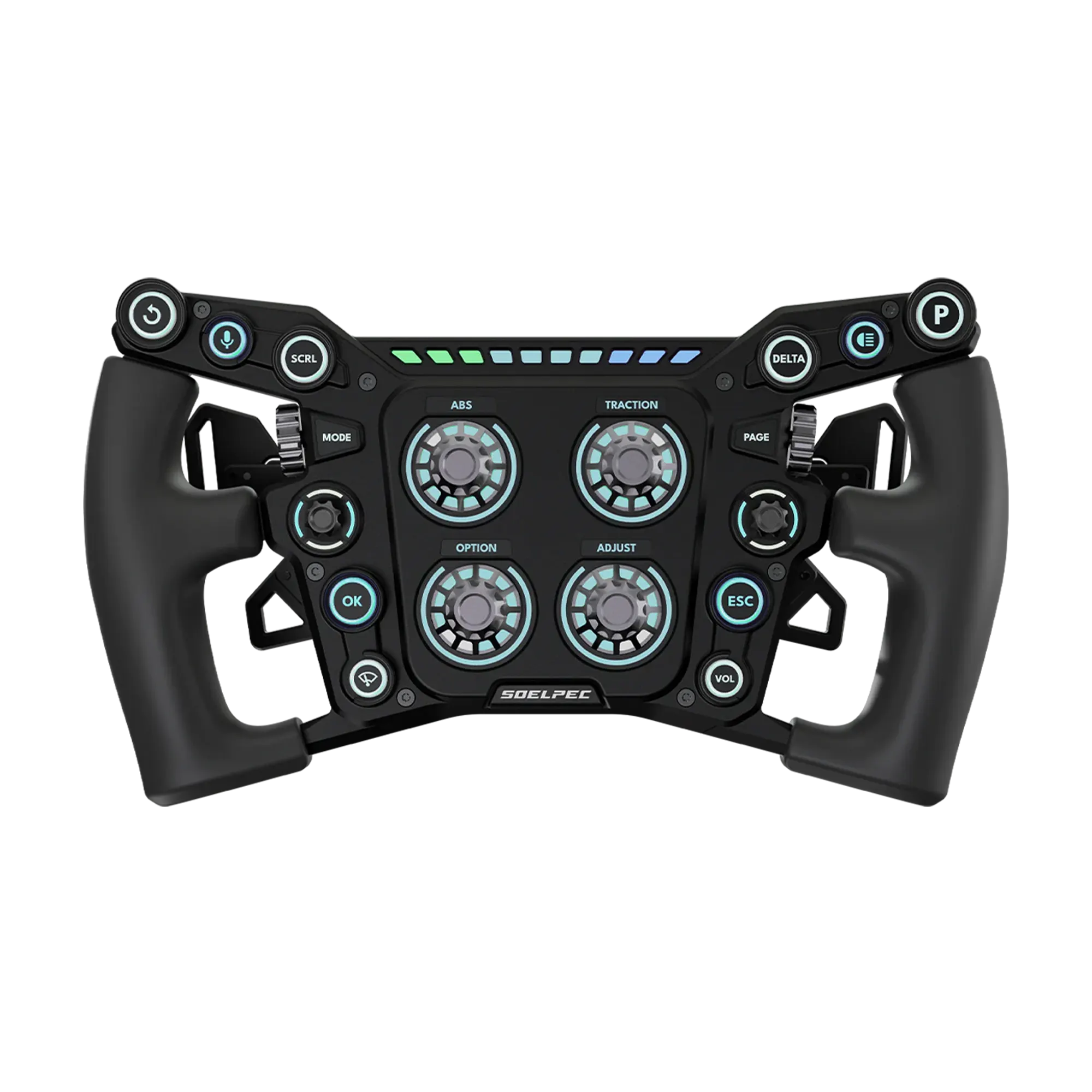 Front view of the SOELPEC Terra LX sim racing steering wheel with extensive input controls and ergonomic design features.