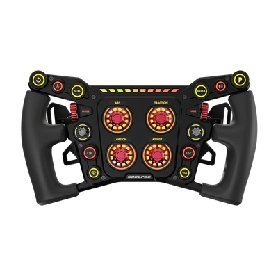 SOELPEC Terra LX racing steering wheel with 297mm diameter, aluminium construction, and 136 inputs for optimal simulation control.