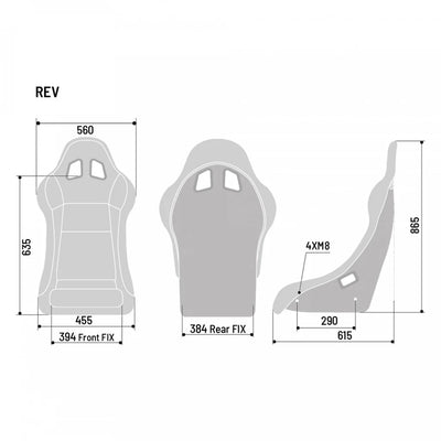 Sparco REV QRT seat dimensions and technical drawing for racing performance.