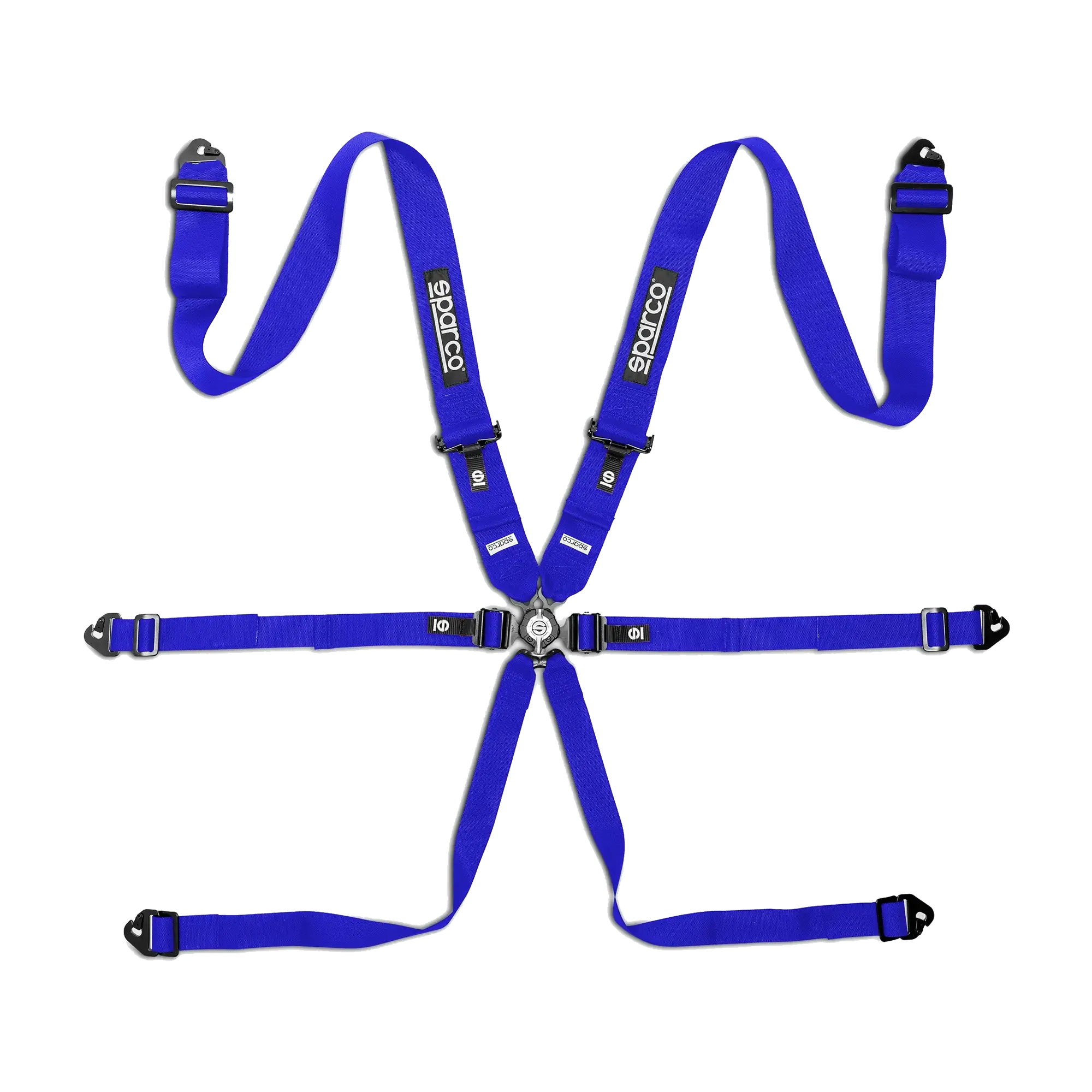Blue Sparco Competition H-3 steel seat belts with 6-point harness system and quick-release buckle for sim racing.