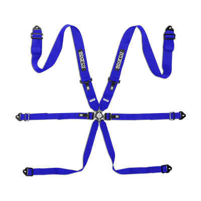 Blue Sparco Competition H-3 steel seat belts with 6-point harness system and quick-release buckle for sim racing.