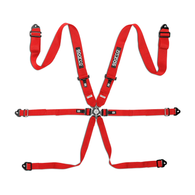 Sparco Competition H-3 steel seat belts - 6-point harness with steel adjusters and quick-release buckle.