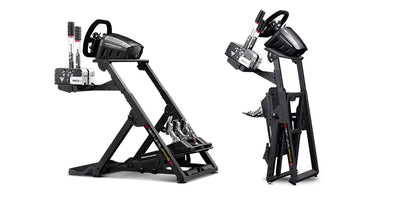 Next Level Racing Wheel Stand 2.0 stand da gaming regolabile e pieghevole per volanti e pedali da corsa, mostrato in acciaio nero.