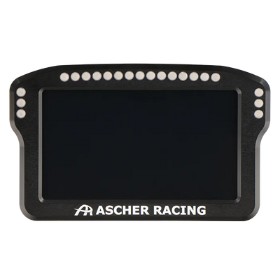 Ascher Racing Dashboard with high-resolution display and RGB LEDs for sim racing telemetry and performance data integration.