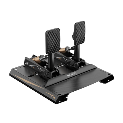 MOZA CRP2 Load Cell Pedals - Aluminum, carbon fiber, 200kg sensor, 15-bit precision, adjustable, modern design for sim racing setups.