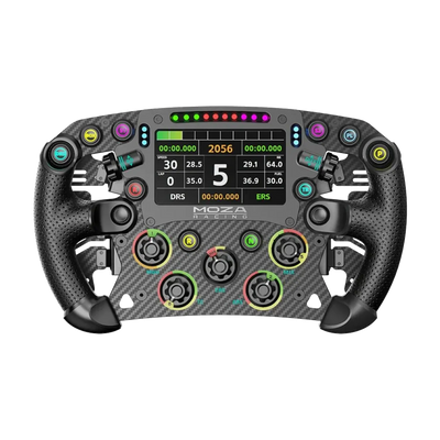 MOZA FSR2 Formula Steering Wheel with touchscreen display offering real-time telemetry data and seamless integration for racing.