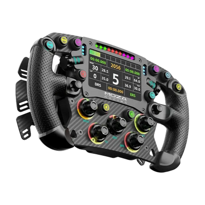 MOZA FSR2 Formula Steering Wheel with touchscreen display providing real-time telemetry, integrated with MOZA and third-party racing bases.