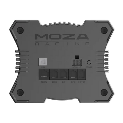 Moza R9 v3 základna volantu s ovládacím panelem zobrazujícím USB a napájecí vstupy