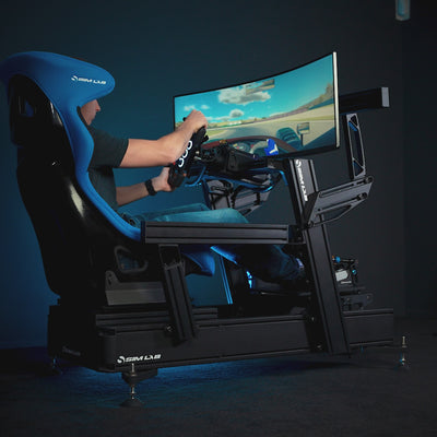 Sim-Lab P1X Pro Sim Racing Cockpit with driver in action, showcasing its stability and adjustability for demanding sim racers.