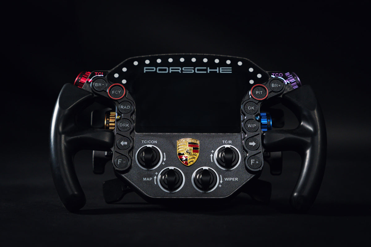 Sim-Lab Porsche 911 RSR sim racing steering wheel mounted on a sim rig, officially licensed by Porsche