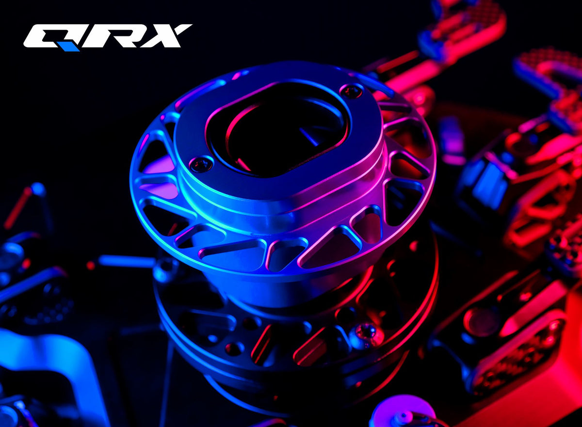 High-tech metallic component in vivid blue and red lighting, showcasing innovative engineering design.