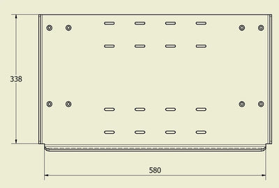 Technický nákres Sim Shelf Universal zobrazující montážní otvory pro kompatibilitu s kokpitem.