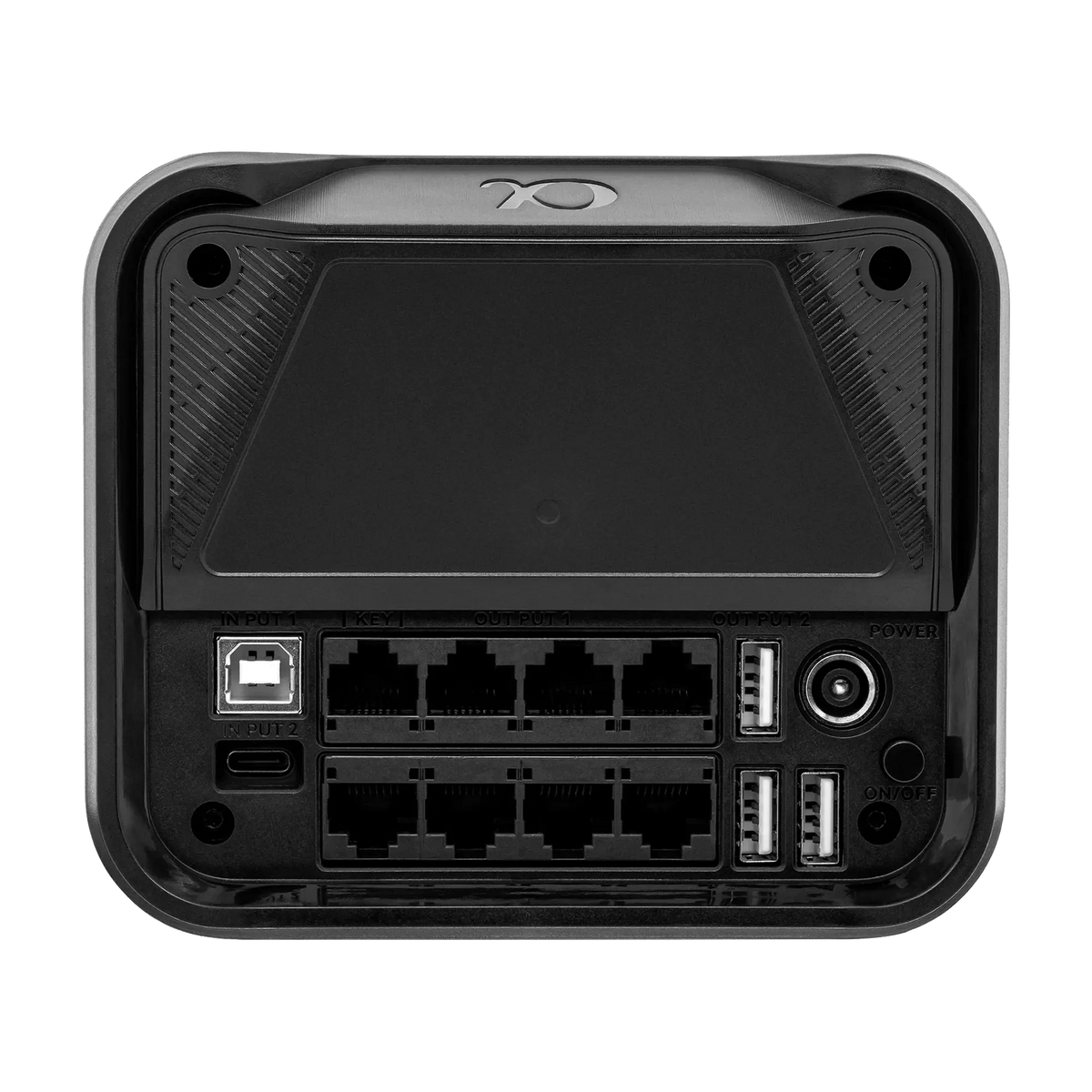 Rear view of the Simagic Alpha EVO Sport direct drive wheelbase with multiple ports.
