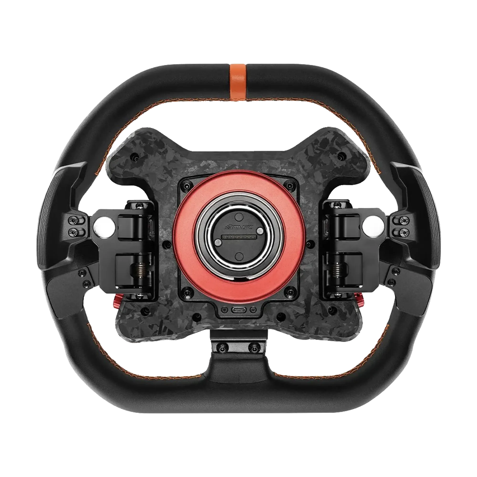 Simagic Neo X-310G GT-style steering wheel with 310mm diameter, RGB buttons, thumb encoders, multifunction switches, and paddle shifters