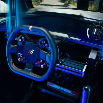 Simagic Neo X-310G GT-style steering wheel with RGB-illuminated buttons, magnetic paddle shifters, and LED encoders in a racing simulator.