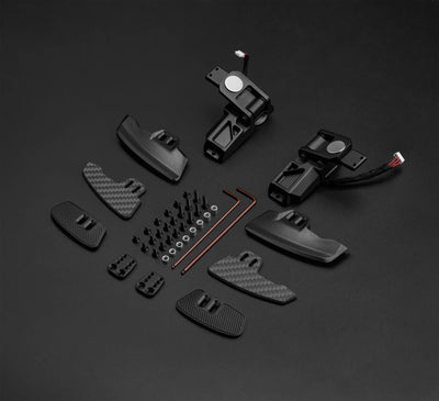 Simagic Single Paddle Shifter Module with adjustable settings and spacers for Neo X Hub and steering wheels, showcasing components and materials.