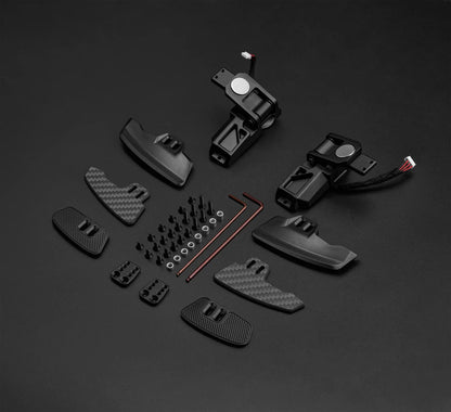 Simagic Single Paddle Shifter Module with adjustable settings and spacers for Neo X Hub and steering wheels, showcasing components and materials.