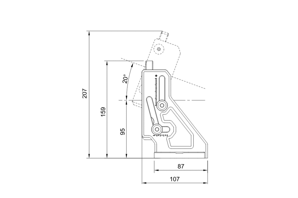 Simucube Wheelbase Mount v2 - side view tilt geometry, -24° to +20° stepless adjustment range