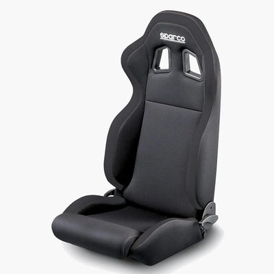 Sparco R100 sport seat with recline system, harness slots, compatible with sim racing setups and Sparco seat sliders.