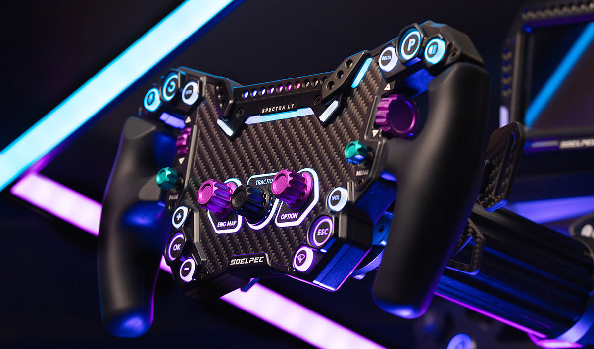 SOELPEC Spectra LT screenless formula steering wheel with customizable LED light bars and RGB backlit buttons